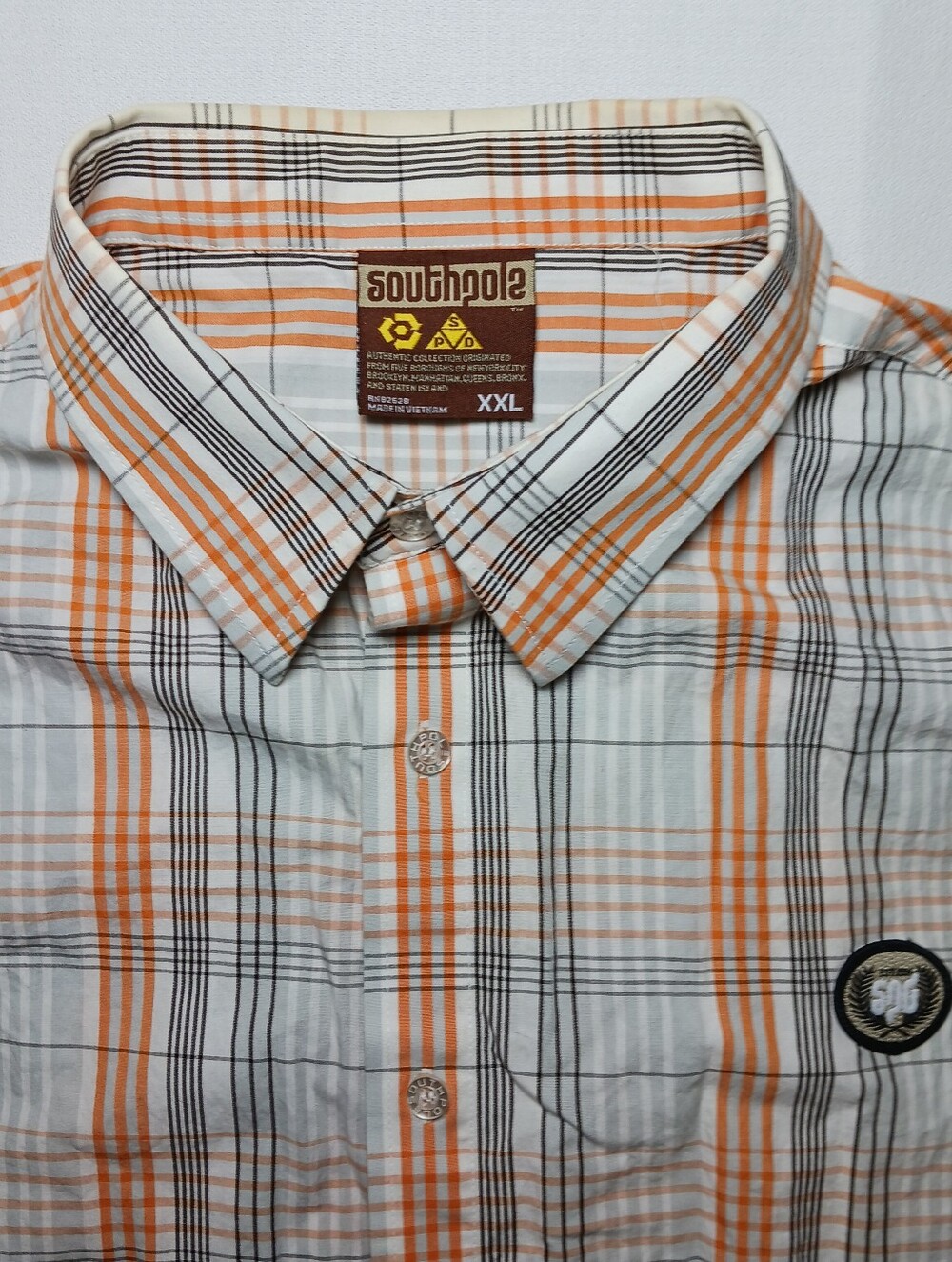 Vintage Southpole Mens Button Up Short Sleeve Shirt XXL Orange Grey Plaid